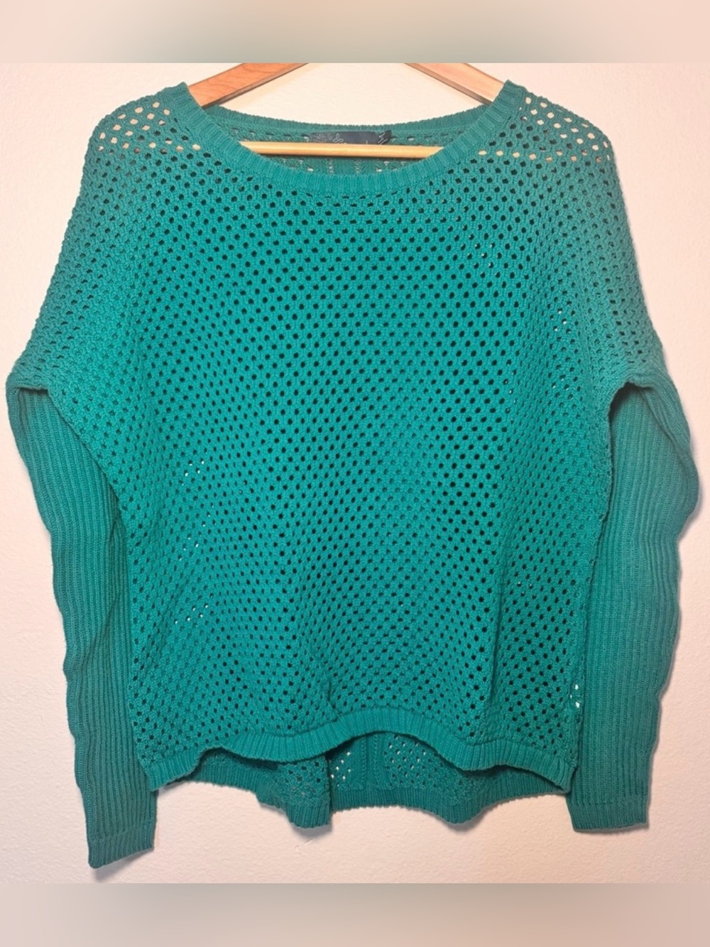 Prana Organic Cotton Open Knit Sweater Large Teal Crochet Beach Boho